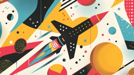 A playful and lively representation of flying objects in a Memphis style AI generated illustration