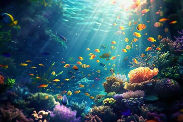 Obraz na płótnie Canvas magical underwater scene with coral reefs and tropical fish vibrant ocean life illustration