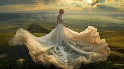 Modella vestita da sposa. Vestito da sposa lungo.
