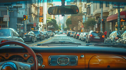 Driver's perspective of a congested city street from inside a car with a wooden dashboard.