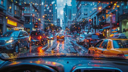 Rain-speckled windshield view of a busy city street with bokeh lights at twilight.