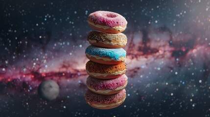 A stack of colorful donuts floating in outer space AI generated illustration - obrazy, fototapety, plakaty