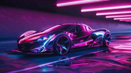 A supercar with chrome details in a neon-lit 3d render AI generated illustration