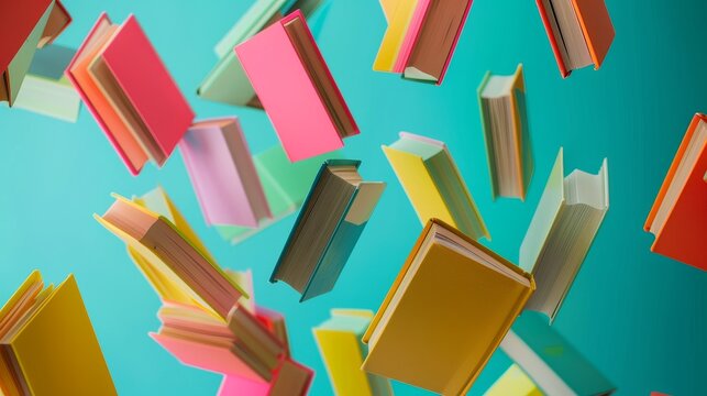 A stack of flying books with colorful covers  AI generated illustration