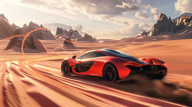 A supercar gliding through a 3d rendered desert landscape AI generated illustration