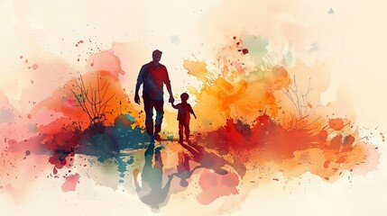 Silhouette of Father and child in Vibrant Watercolor