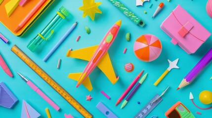 A surreal collection of isolated flying school supplies in vibrant colors AI generated illustration