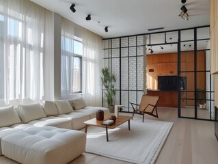 Cozy apartment in minimalist style. AI generative.