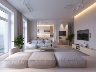 A bright minimalist-style apartment. AI generative.