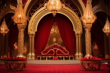Opulent throne with intricate carvings in grand hall with red velvet curtains, crystal chandeliers, and marble floors exuding regal and majestic ambiance fit for royalty