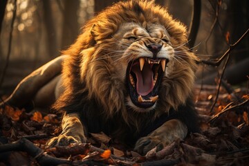 Awe-Inspiring Lion Roaring in the Untamed Wilderness, Radiating Power and Authority in the Vibrant...