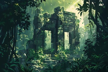 mysterious ancient ruins in a dense jungle lost civilization concept illustration - obrazy, fototapety, plakaty