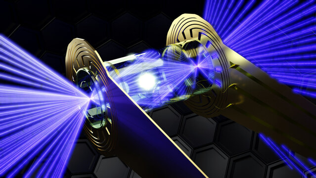 3d render of laser irradiated inertial confinement fusion occurring in a hohlraum.
