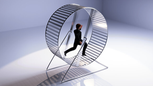 Man on a treadmill running, working hard and going nowhere.  3d Render.