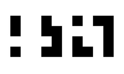 Cryptic unreadable isolated pixel Text logo. Futuristic alien alphabet. Abstract illegible symbols of fictional language. Incomprehensible letters.