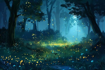mysterious dark forest with glowing fireflies enchanting night scene digital illustration