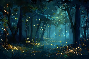 mysterious dark forest with glowing fireflies enchanting night scene digital illustration - obrazy, fototapety, plakaty