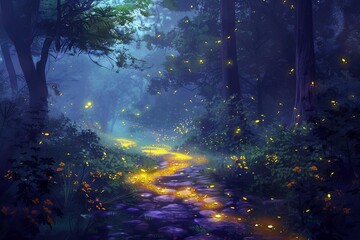 mystical forest path illuminated by glowing fireflies at twilight digital fantasy painting digital ilustration