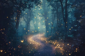 Obraz na płótnie Canvas mystical forest path illuminated by glowing fireflies at twilight digital fantasy painting digital ilustration
