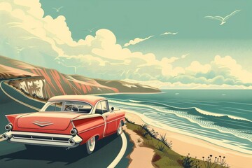 nostalgic vintage travel poster featuring a classic car on a winding coastal road retro illustration digital ilustration - obrazy, fototapety, plakaty