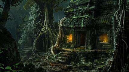 Hidden temple ruins overtaken by jungle flora feature mysterious chambers lit by the ethereal forest light