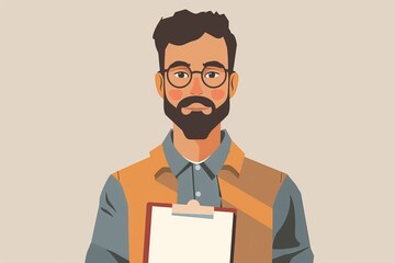 A stylized vector illustration of a man with facial hair, glasses, and a clipboard against a plain background