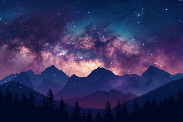 panoramic night sky with milky way galaxy silhouettes of mountains and trees starry horizontal banner digital ilustration
