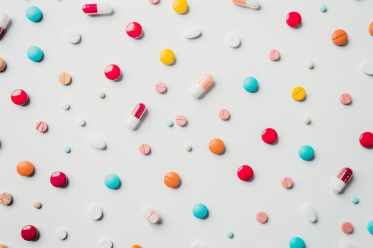 A photography of an assorted mix of colorful pills, capsules and tablets scattered on a white background denoting healthcare and medicine