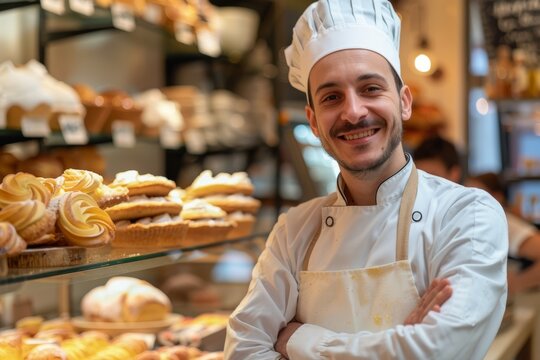 A friendly baker with a perfect white chef's hat posing in a bakery filled with scrumptious baked goods