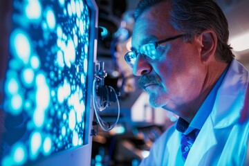 An engaged male scientist studies complex genetic information on a monitor in a dimly lit lab, representing innovation and research