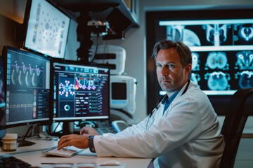 A focused male doctor reviews medical imaging scans in a high-tech diagnostics room
