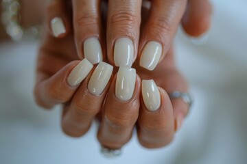 Close-up shot of professionally manicured hands featuring glossy neutral nail polish - 784109583