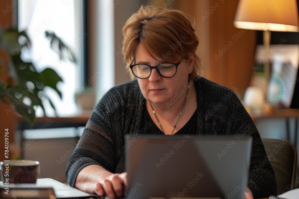 Aufkleber adult businesswoman with computer in a cozy office setting browsing or working on tasks