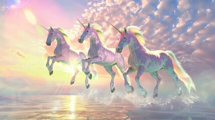 A trio of flying rainbow unicorns  AI generated illustration - obrazy, fototapety, plakaty