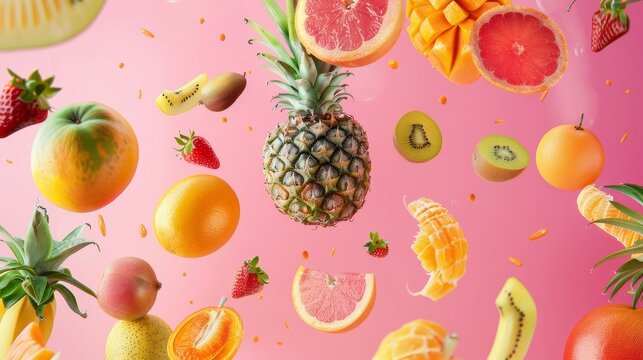 A variety of tropical fruits suspended in mid-air  AI generated illustration