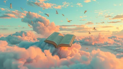 A whimsical 3d rendered flying book  AI generated illustration - obrazy, fototapety, plakaty