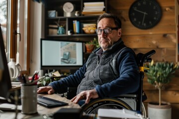 In a warmly lit, intimate home office, a man comfortably seated in a wheelchair is engaged with a computer, reflecting adaptability and a work-from-home lifestyle - obrazy, fototapety, plakaty