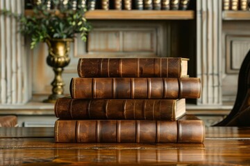 realistic old leatherbound books stacked on wooden table vintage library concept 3d rendering digital ilustration