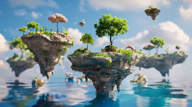 A whimsical 3d render of floating islands with unique ecosystems and bizarre creatures   AI generated illustration