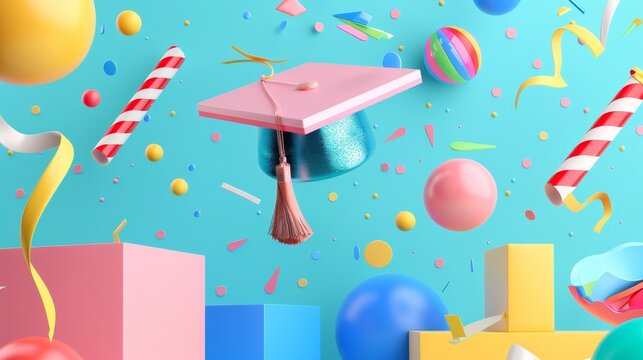 A whimsical 3d render of a flying graduation cap with Memphis-style colors   AI generated illustration