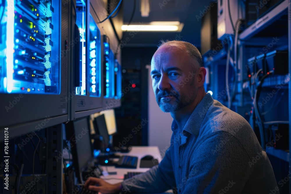 Poster a serious tech professional operates computer equipment in a server room with ambient blue lighting
