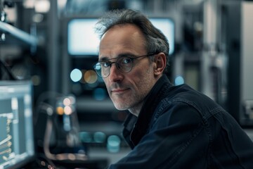 An IT technician looks over his shoulder while working among servers and computer screens
