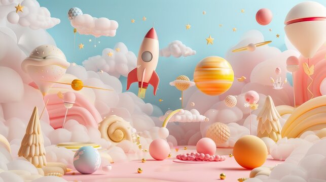 A whimsical mix of flying objects in a 3d isolated setting   AI generated illustration