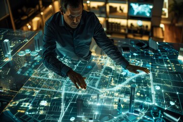 A focused man interacts with a digital holographic city model, illustrating innovation and smart city planning