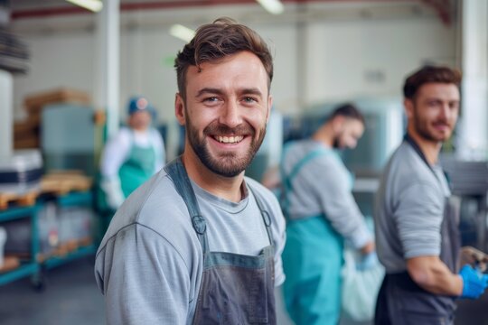 A cheerful workman with protective gear in an industrial environment, representing teamwork and dedication