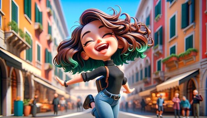 3D girl rejoices on the street of Italy. - obrazy, fototapety, plakaty
