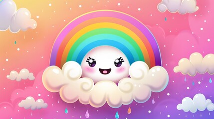 Fototapeta na wymiar Adorable rainbow cloud with eyes and a smile AI generated illustration
