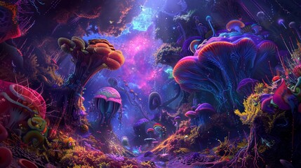 Alien flora and fauna floating in a psychedelic realm of pulsating colors   AI generated illustration