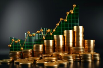 Visual representation of investment earnings growth with ascending piles of coins set against a digital chart backdrop - 784110962