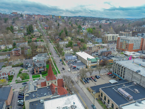 Afternoon spring aerial photo view of Downtown Ithaca New York.	